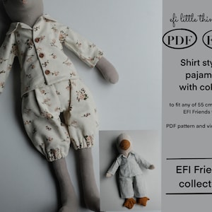 May include: A white pajama set with a floral print for a 30 cm or 55 cm doll. The pajama set includes a shirt with a collar and long sleeves and pants. The pattern is called "Shirt style pajama with collar" and is part of the "EFI Friends collection".