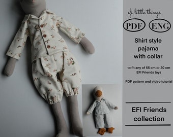 Modello e tutorial per cucire pigiama/maglietta con pantaloni per bambole EFI Friends da 55 cm e 30 cm