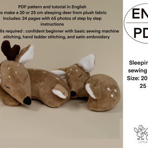 Sleeping Deer Soft Plush Toy PDF Sewing Pattern and Tutorial Two Sizes: 20 cm and 25 cm