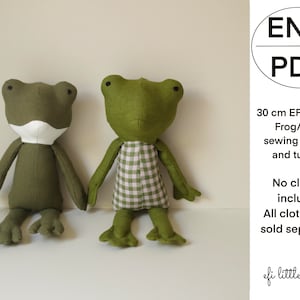 May include: A sewing pattern and tutorial for making a 30 cm frog or toad plush toy. The pattern includes instructions for making clothes for the toy, but the clothes are sold separately. The image shows two finished plush toys, one green and one green with a white and pink checkered dress.