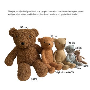 May include: Five teddy bears of different sizes, ranging from 18 cm to 50 cm, are lined up on a white background. The bears are made of different fabrics, including brown, beige, and plaid. The text "Original size 100%" is written below the bears, along with percentages indicating the size of each bear relative to the original size.