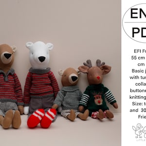 May include: Knitting pattern for a basic jumper with a turtleneck collar and buttoned back. The pattern is for 55 cm and 30 cm toys. The pattern includes a knitting tutorial. The pattern is for EFI Friends toys.