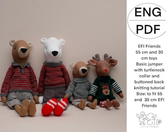 Knitted jumper with turtleneck or polo collar and buttoned back or front for 55 and 30 cm EFI Friends soft toys knitting pattern