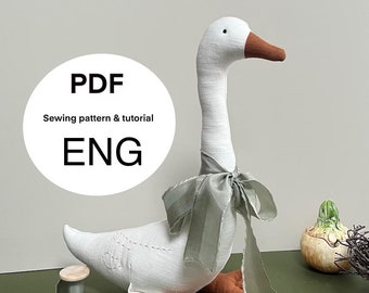 Linen stuffed soft toy  goose PDF sewing pattern and tutorial