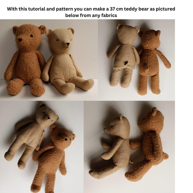 May include: Five teddy bears in various poses, all made from brown fabric. The bears are 37 cm tall and are shown in different positions, including sitting, standing, and lying down.