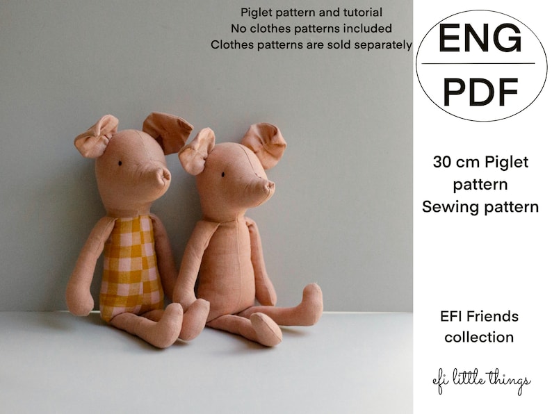 30 cm soft toy rag doll making Piglet sewing PDF pattern and tutorial image 1