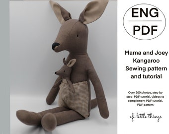 Mama and Joey Kangaroo soft toy heirloom doll sewing pattern and PDF and video tutorial