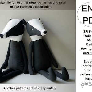 May include: Digital sewing pattern and tutorial for a 55-inch badger plush toy. The pattern includes instructions for making the toy, but not for making clothes. The pattern is available in English and is a PDF download. The image shows two black and white badger plush toys sitting on a white surface. The text "ENG PDF" is in a circle in the upper right corner of the image.