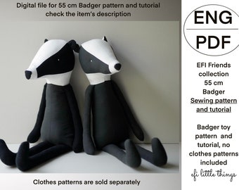Puede incluir: Patrón de costura digital y tutorial para un juguete de peluche de tejón de 55 cm. El patrón incluye instrucciones para hacer el juguete, pero no para hacer ropa. El patrón está disponible en inglés y es una descarga PDF. La imagen muestra dos juguetes de peluche de tejón blanco y negro sentados en una superficie blanca. El texto "ENG PDF" está en un círculo en la esquina superior derecha de la imagen.