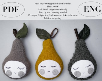 Home décor soft toy boucle fluffy Autumn decoration Pear sewing pattern and tutorial