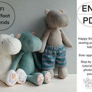 Happy Snout Hippo hippopotamus soft plush toy PDF sewing pattern and tutorial
