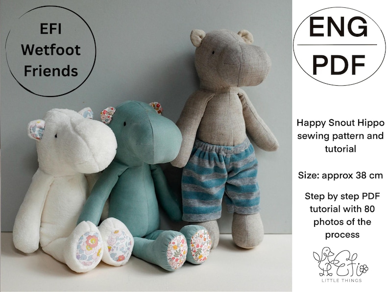 Happy Snout Hippo hippopotamus soft plush toy PDF sewing pattern and tutorial image 1