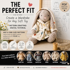 May include: A digital sewing tutorial titled THE PERFECT FIT for creating custom clothing for soft toys. The image features a plush brown rabbit wearing a cream-colored bathrobe with colorful polka dots, alongside sewing icons and pattern sketches.