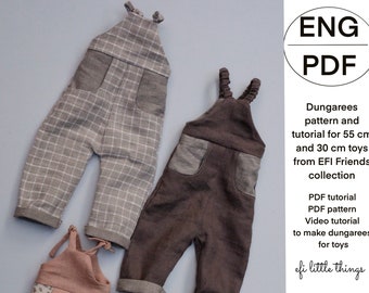 Dolls Toys Dungarees with pockets and knot straps sewing pattern and tutorial for 55 cm and 30 cm EFI Friends toys
