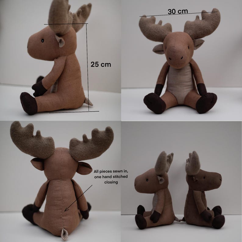 May include: A brown plush moose toy sitting with its legs crossed. The moose is 25 inches tall and 30 inches wide. All pieces are sewn in, with one hand-stitched closing.