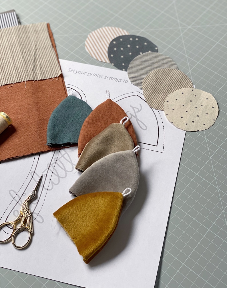 Puede incluir: Un conjunto de cinco formas de tela en varios colores, incluyendo azul verdoso, marr&oacute;n, beige, gris y amarillo. Las formas est&aacute;n dispuestas sobre una hoja de papel blanco con el texto "Set your printer settings to" impreso en ella. El papel est&aacute; sobre una estera de corte verde.
