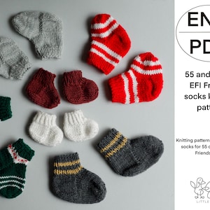 May include: Knitting pattern for making socks for 55 or 30 cm EFI Friends toys. The pattern is available in English and in PDF format. The image shows a variety of colourful knitted socks.