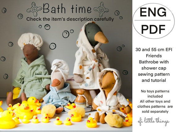 Dolls Toys Bathrobe with pockets and hood with shower cap sewing pattern and tutorial for 55 cm and 30 cm EFI Friends toys