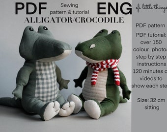 Alligator Crocodile soft toy Sewing PDF Pattern and PDF and Video tutorial