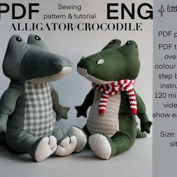 Peluche crocodile crocodile, patron PDF de couture, tutoriel PDF et vidéo