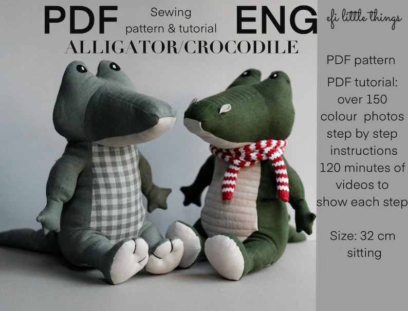 May include: PDF sewing pattern and tutorial for making an alligator or crocodile plush toy. The pattern includes over 150 color photos and 120 minutes of videos to show each step. The finished toy is 32 inches tall when sitting.