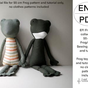 Może przedstawiać: Cyfrowy wzór szycia i samouczek do zabawki żaby o długości 55 cm. Wzór zawiera instrukcje dotyczące szycia żaby w pasiastą koszulę i zwykłej żaby. Wzór jest dostępny w języku angielskim i jest plikiem PDF do pobrania. Tekst na obrazku brzmi "ENG PDF EFI Friends collection 55 cm Frog/Toad Sewing pattern and tutorial Frog toy pattern and tutorial only, no clothes patterns included efi little things."