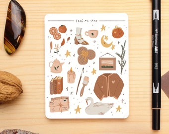 Hoja de pegatinas de otoño acogedor: pegatinas para diario y planificador de estilo cottagecore