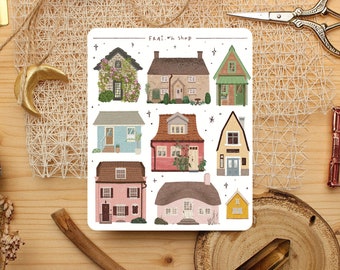 country houses sticker sheet, journal stickers, planner stickers, scrapbook stickers, spring stickers, cottagecore stickers