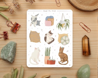 stickervel katten en planten, dagboekstickers, plannerstickers, plakboekstickers, bujo-stickers, schattige stickers