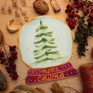 bigliettino dipinto a mano palla di neve, biglietto d'auguri glitterato, bigliettino illustrato, biglietto con busta, dipinto invernale