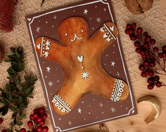 hand-painted gingerbread man card, christmas greeting card, xmas card, art paper, card with envelope, festive art, happy holiday
