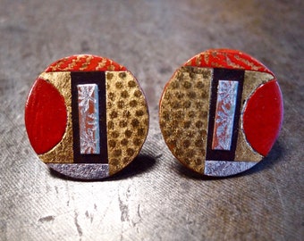 Red & Gold Christmas Earrings. Geometric Designer Stud Earrings by Helyne Jennings. Christmas Jewellery Gifts For Women. Unique Gifts.