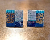 Pretty Embossed Studs. Colourful Teal Blue And Silver Ear Studs With Embossed Gold Detail. Original Christmas, Anniversary or Birthday Gift.