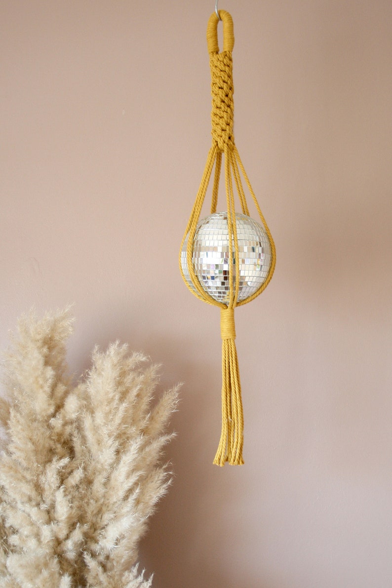 Diva Disco Ball Macrame Hanger, Fun and Vibrant Home Decor, Sun Catcher, Funky home decor, Eye Catching Home Interiors Mustard