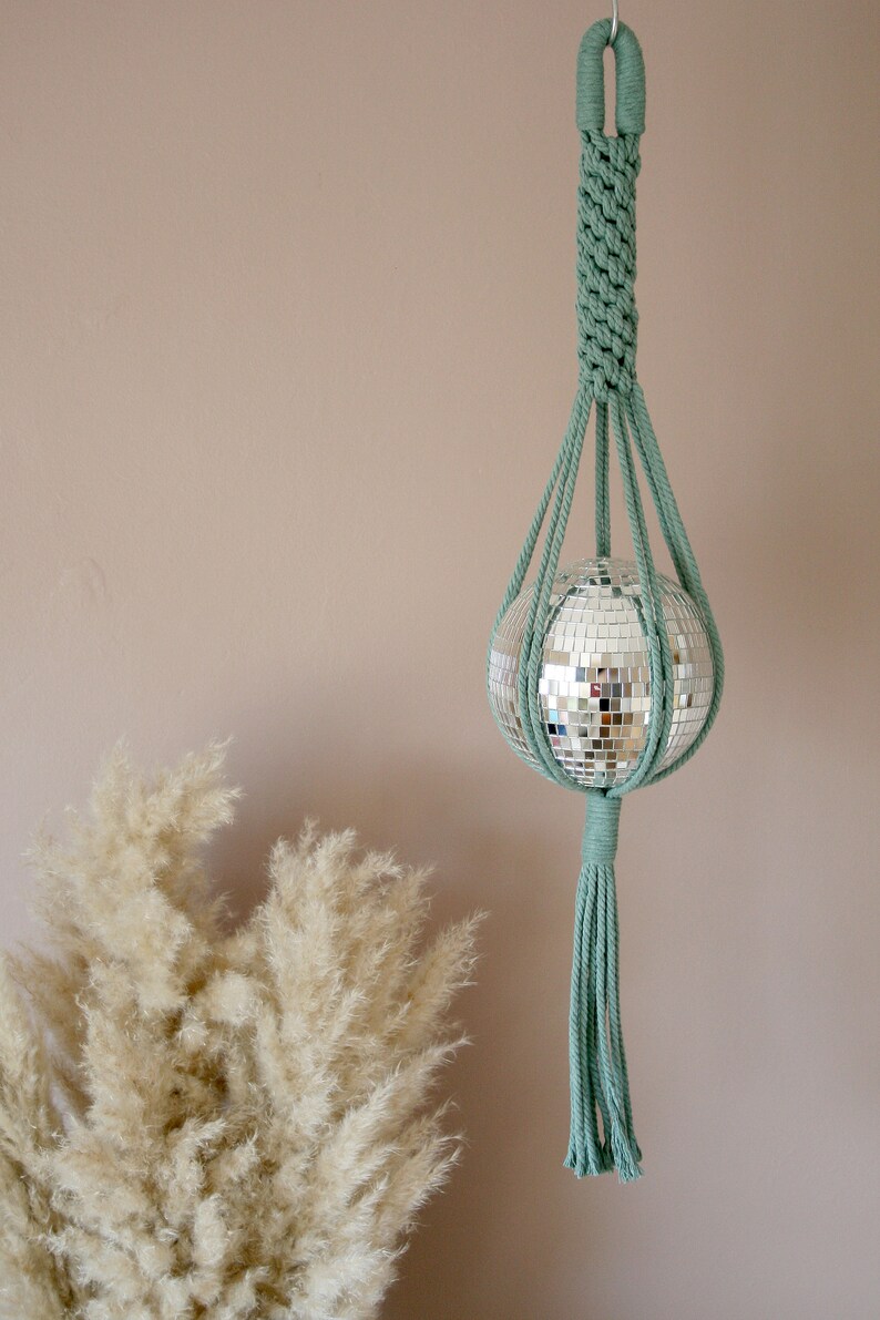 Diva Disco Ball Macrame Hanger, Fun and Vibrant Home Decor, Sun Catcher, Funky home decor, Eye Catching Home Interiors Sea Green