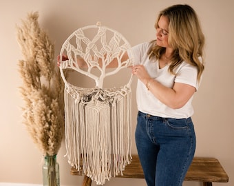 Gran árbol de la vida de macramé para colgar en la pared, tonos terrosos, simboliza nuevos comienzos, energía positiva, buena salud y un futuro prometedor.