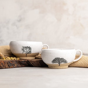 Handmade 10 Oz White Mugs Set, TWO Large Shallow Wide Coffee Mugs, Pottery Coffee Cups with Tree Decals, Ceramic Americano Coffee Cups