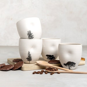 Set of 4 White Ceramic Mugs with Tree Decals without Handles, Ceramic Modern Teacups, Small White Tumblers image 1