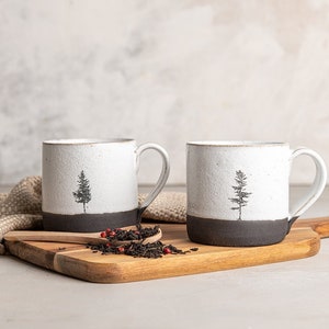 White and Black Set of TWO Mugs with Tree Decals, Handmade 11.5 Oz Ceramic Coffee Mugs, Pottery Tea Cups Set with Handle, Modern Elegant Mug