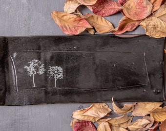 Ceramic Rectangular Tray, Black Cake Platter With Tree Decals, Rustic Unique Serving Dish