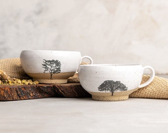 Handmade 10 Oz White Mugs Set, TWO Large Shallow Wide Coffee Mugs, Pottery Coffee Cups with Tree Decals, Ceramic Americano Coffee Cups