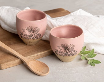 Set of TWO Handmade Pink Floral Romantic Pottery Cups, Ceramic Tall Drinking Tumblers, Tea / Coffee Cups Without Handle