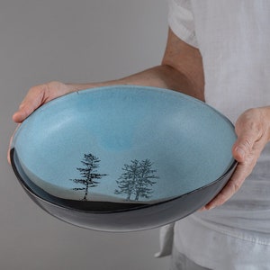 Blue & Black Ceramic Serving Bowl, Round Pasta Bowl With Tree Decals, Decorative Pottery Fruit Bowl, Gift For Mom