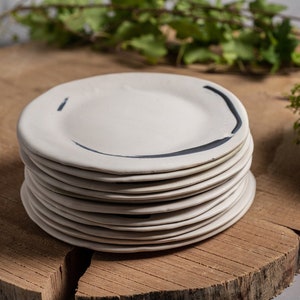 Set of 4 White Handmade Decorated Ceramic Salad Plates, Abstract Rustic White Dessert Plates Set