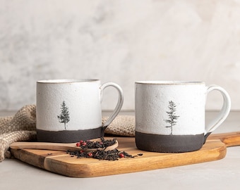 White and Black Set of TWO Mugs with Tree Decals, Handmade 11.5 Oz Ceramic Coffee Mugs, Pottery Tea Cups Set with Handle, Modern Elegant Mug