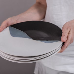 4 Artistic Large Ceramic Plates, Set of 4 Black and White Pottery Dinner Plates, Artistic Handmade Dinnerware Set