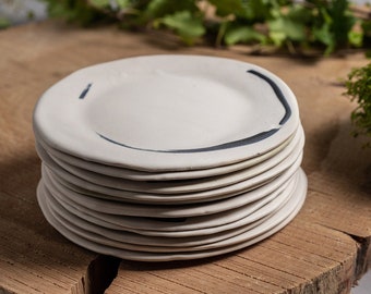 Set of 4 White Handmade Decorated Ceramic Salad Plates, Abstract Rustic White Dessert Plates Set