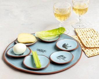 Handmade Ceramic Light Blue Passover Plate with Tree Prints, Jewish Holidays Gift, Unique Seder Plate, Pottery Judaica Wedding Gift