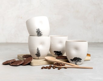 Set of 4 White Ceramic Mugs with Tree Decals without Handles, Ceramic Modern Teacups, Small White Tumblers