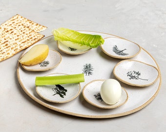Handmade Pottery Passover Plate with Tree Decals, Jewish Wedding Gift, Alternative Seder Plate, White Serving Platter, Breakfast Platter